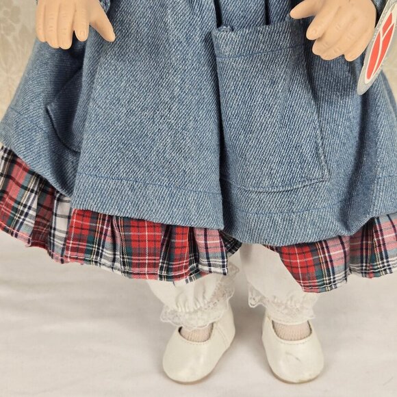 Vintage Delton Porcelain Doll Blue Eyes Blond Ringlets Denim Jumper Plaid Dress - Picture 5 of 16